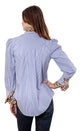Blue Striped Puffed Sleeve Cheetah Collar & Cuff Shirt