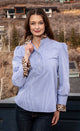 Blue Striped Puffed Sleeve Cheetah Collar & Cuff Shirt