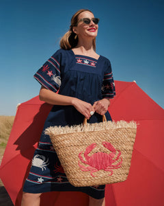 Embroidery Crab Tote w/Leather Handle