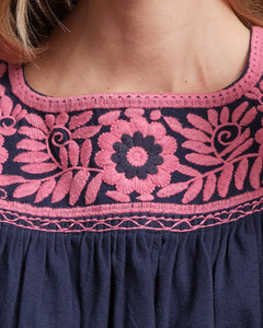 Jess Floral Embroidery Top - Navy