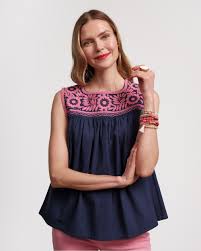 Jess Floral Embroidery Top - Navy