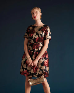 Michelle Mini Dress Floating Floral Jacquard Navy/Gold/Multi