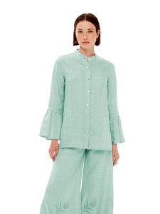 Mandarin Neck Linen Shirt with Ruffle Sleeves