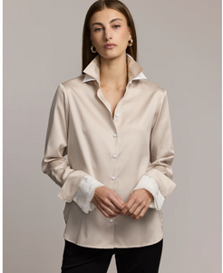 Long Sleeve Cotton Satin Blouse w/Lace Cuff - Champagne