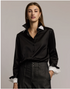 Long Sleeve Cotton Satin Blouse w/Lace Cuff - Black