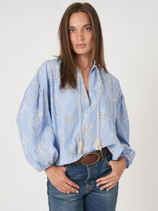 Embroidered Blouse with Tie Tassel