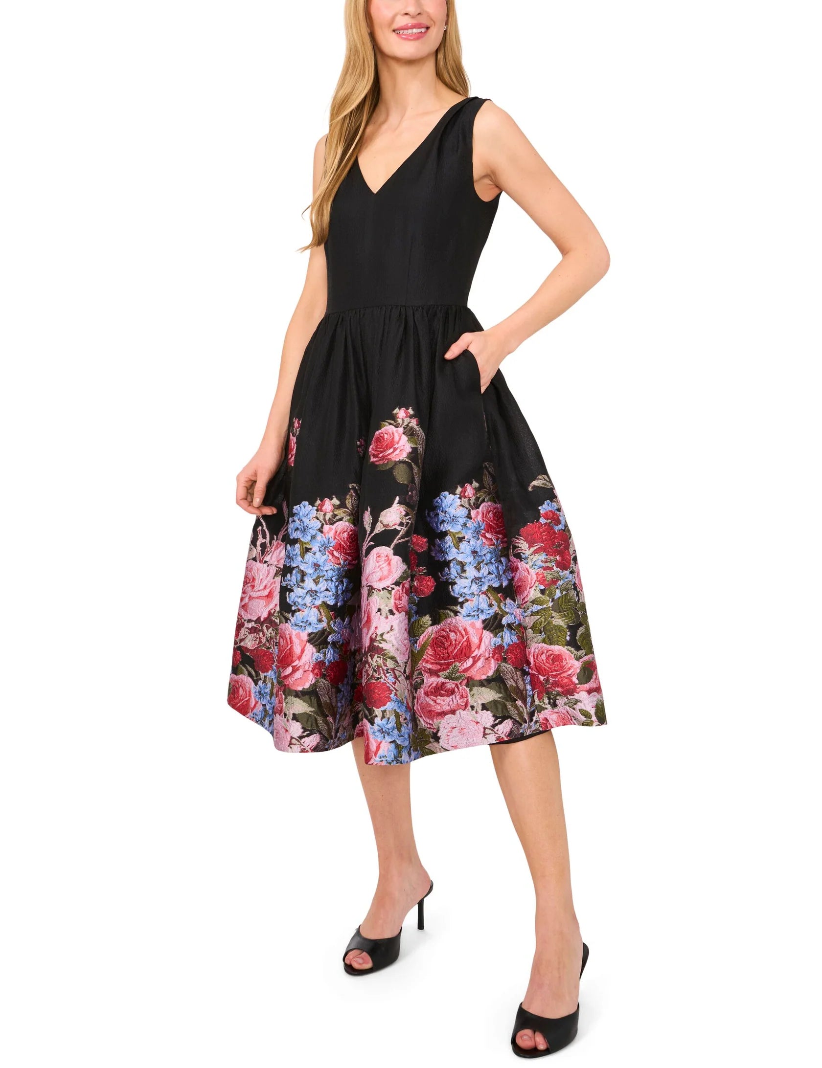 V-Neck Midi with Floral Placement Windswept Clothiers V-Neck Midi with Floral Placement Windswept Clothiers