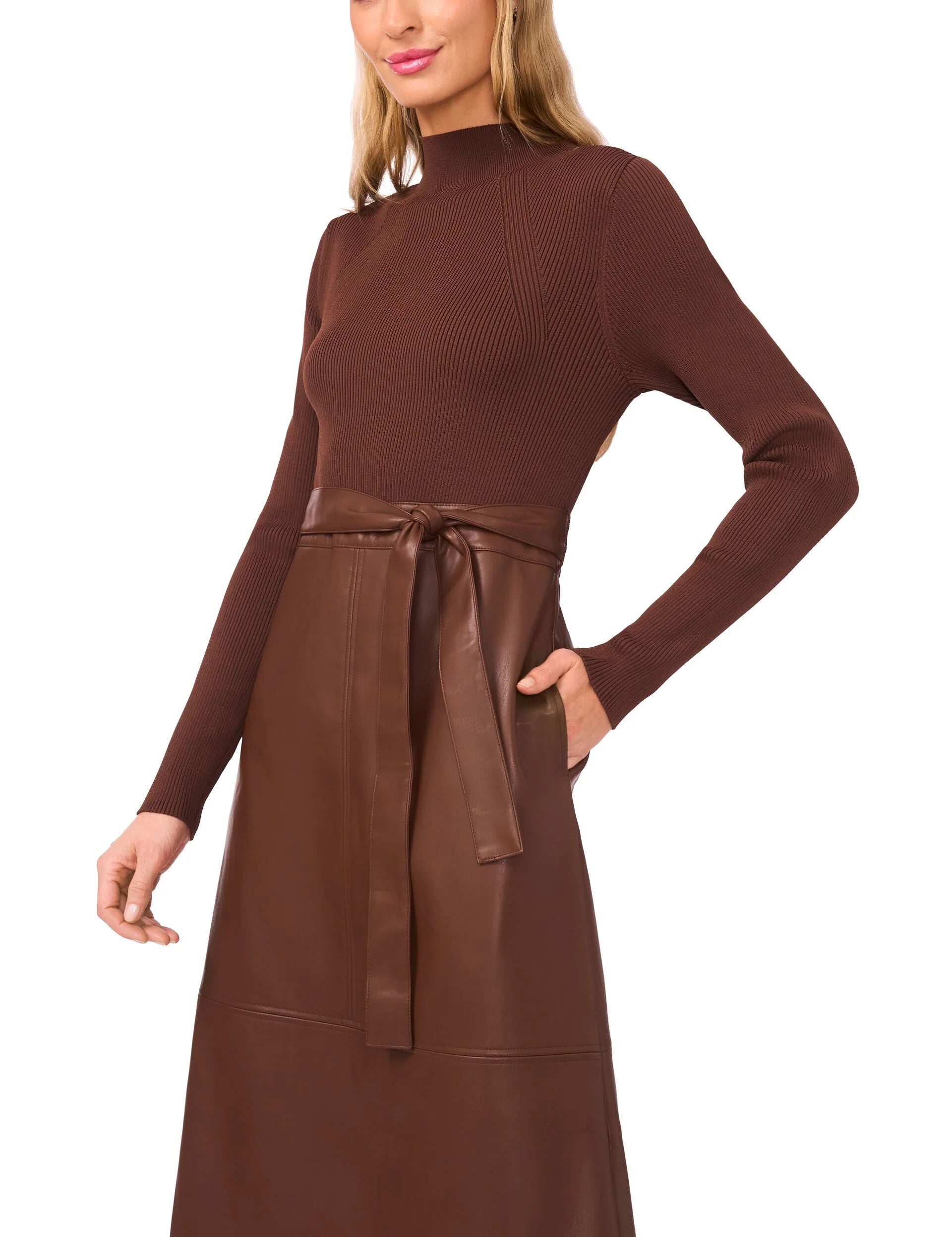 Mock Neck Midi Dress w/Faux Leather - FINAL SALE Windswept Clothiers Mock Neck Midi Dress w/Faux Leather - FINAL SALE Windswept Clothiers