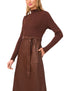 Mock Neck Midi Dress w/Faux Leather - Brown
